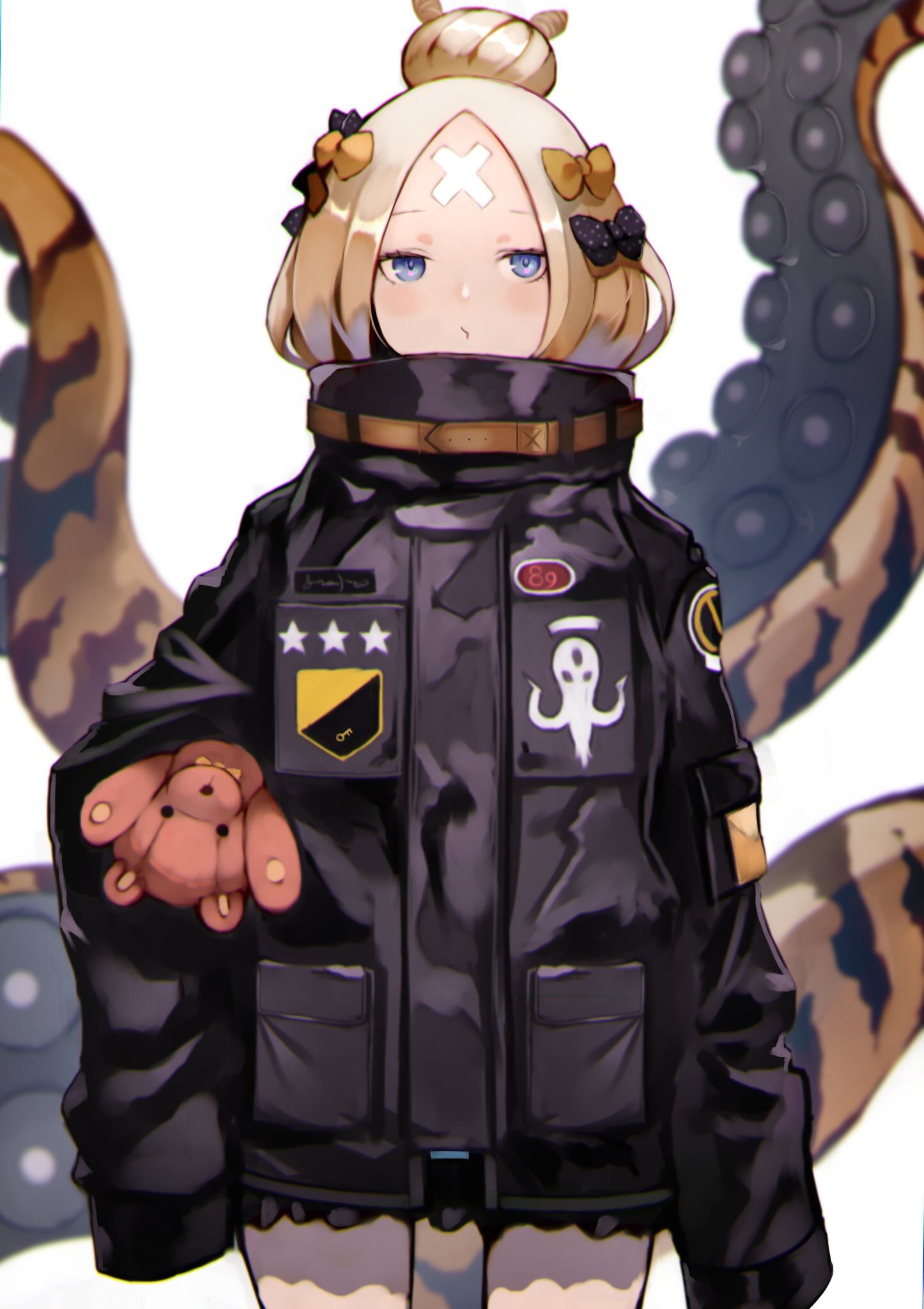 1girl abigail_williams_(fate) animal_print bangs black_bow black_jacket blonde_hair blue_eyes blurry blurry_background blush bow closed_mouth commentary_request cowboy_shot depth_of_field fate/grand_order fate_(series) hair_bow heroic_spirit_traveling_outfit highres jacket long_hair long_sleeves looking_at_viewer multiple_hair_bows object_hug orange_bow parted_bangs polka_dot polka_dot_bow simple_background sleeves_past_fingers sleeves_past_wrists solo stuffed_animal stuffed_toy suction_cups teddy_bear tentacles tiger_print white_background yoshio_(55level)