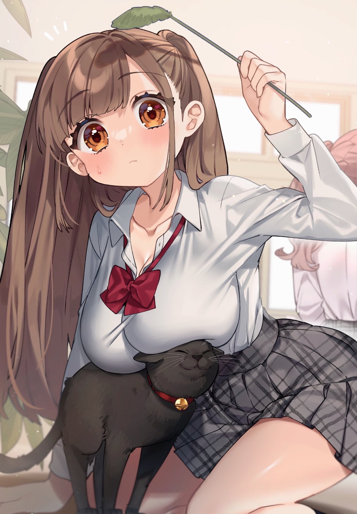 1girl arm_support bangs bell black_cat blush bow bowtie breast_press breasts brown_eyes brown_hair cat closed_mouth collared_shirt commentary_request eyebrows_visible_through_hair grey_shirt hand_up high-waist_skirt highres holding indoors jingle_bell kodama_(sakura_yuki) large_breasts leaf_fan long_hair looking_at_viewer original plaid plaid_skirt pleated_skirt red_bow red_bowtie sakura_yuki_(clochette) school_uniform shirt skirt solo_focus sweatdrop very_long_hair white_shirt