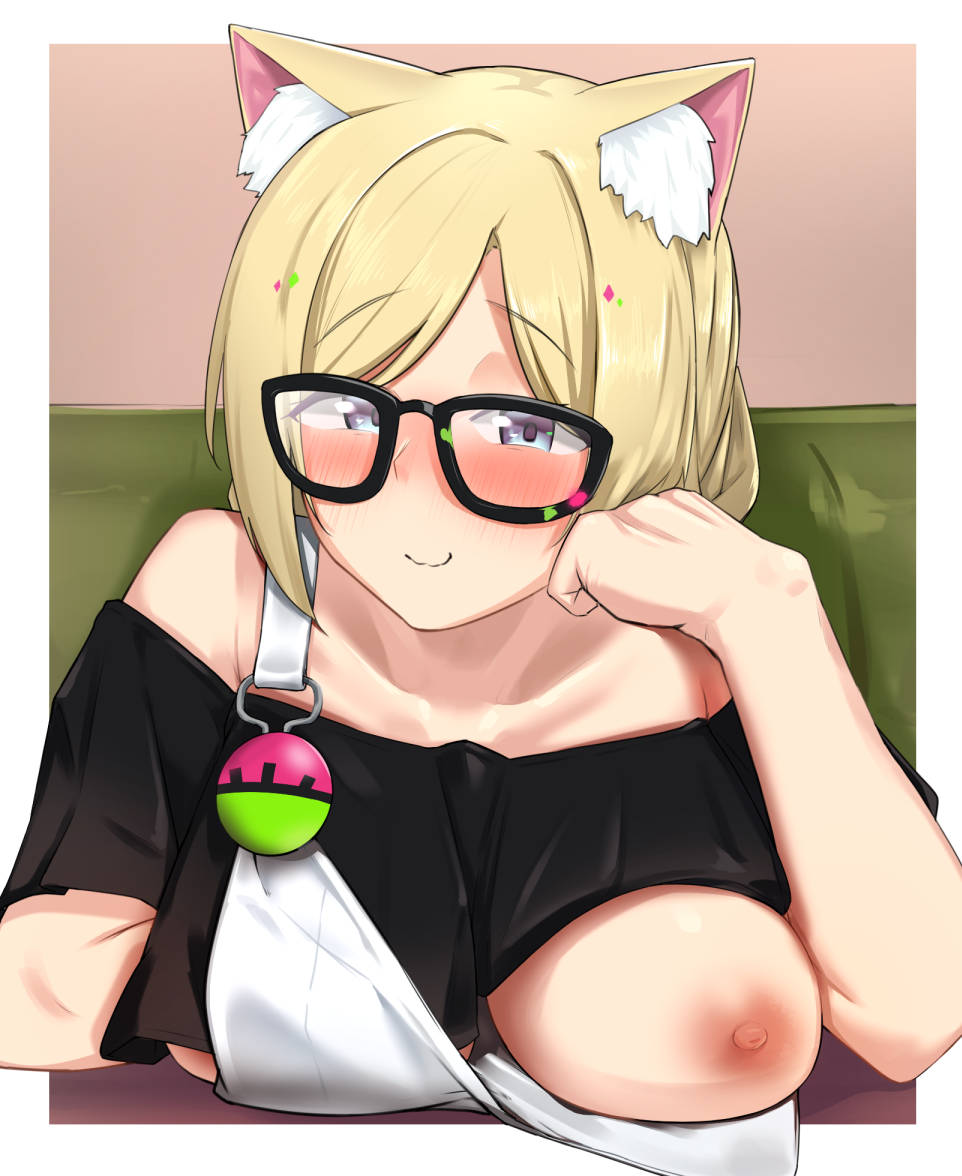 1girl aki_rosenthal alternate_costume animal_ear_fluff animal_ears arm_rest bangs black-framed_eyewear black_shirt blonde_hair blue_eyes blush breasts cat_ears closed_mouth clothes_pull commentary_request crop_top flashing gamarenji glasses hand_on_own_cheek hand_on_own_face hololive indoors long_hair looking_at_viewer medium_breasts naughty_face nipples off-shoulder_shirt off_shoulder one_breast_out oppai_challenge parted_bangs shirt short_sleeves smile solo suspenders twintails virtual_youtuber