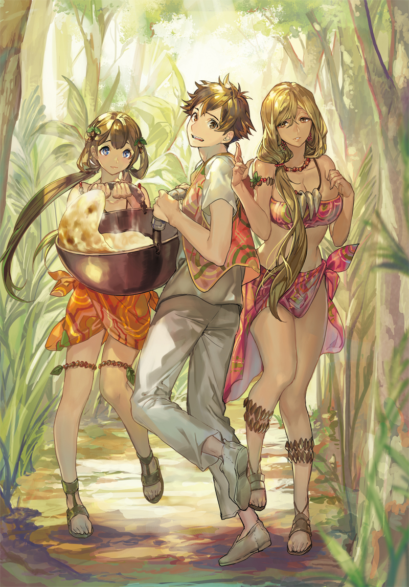 1boy 2girls bandeau bangs blue_eyes breasts brown_eyes brown_hair cleavage closed_mouth cover_image dappled_sunlight day eyebrows_behind_hair forest full_body hair_between_eyes hair_ornament hair_over_shoulder hands_up holding holding_pot isekai_ryouridou jewelry jungle kochimo large_breasts long_hair looking_at_another low_ponytail midriff multiple_girls nature necklace novel_illustration official_art outdoors photoshop_(medium) pot reina_ruu sandals sarong second-party_source siblings sisters standing standing_on_one_leg sunlight textless toes tsurumi_asuta very_long_hair vina_ruu