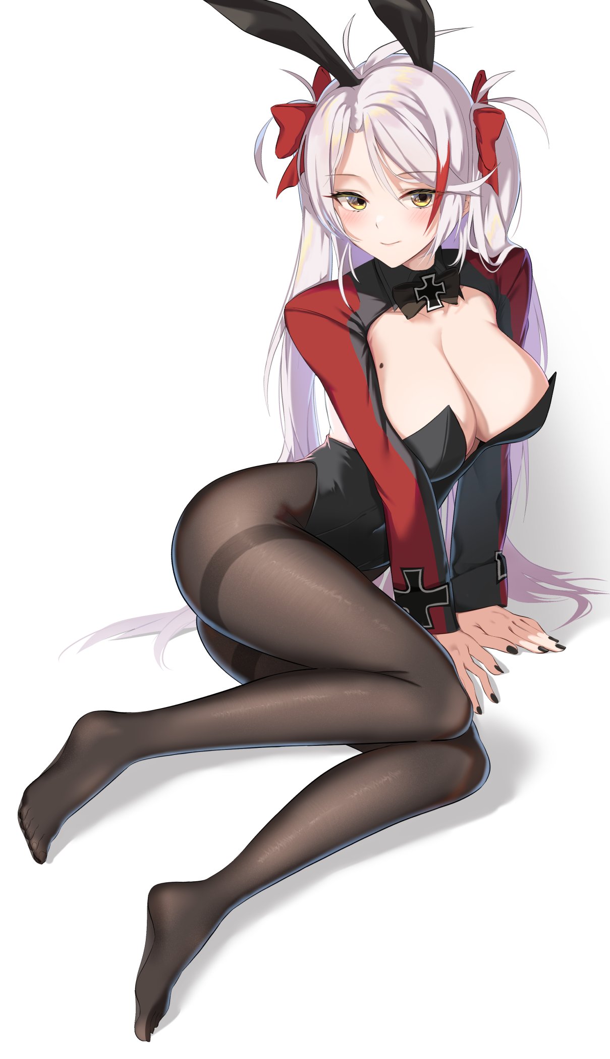 1girl animal_ears arm_support azur_lane black_legwear black_leotard black_nails blush bow bowtie breasts cleavage commentary_request covered_navel cross fake_animal_ears full_body grey_hair hair_bow hairband highres iron_cross large_breasts leotard long_hair long_sleeves looking_at_viewer mole mole_on_breast morino_(harpoomoss) pantyhose playboy_bunny prinz_eugen_(azur_lane) rabbit_ears red_bow shrug_(clothing) sitting smile solo thighband_pantyhose two_side_up yellow_eyes yokozuwari