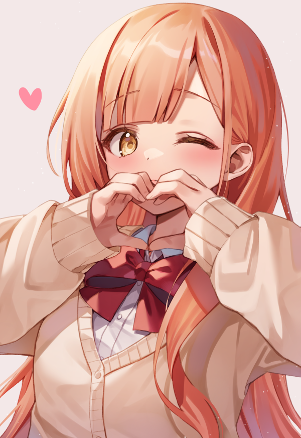 1girl blush bow brown_cardigan brown_eyes brown_hair cardigan chyoling collared_shirt commentary_request dress_shirt grey_background hands_up heart heart_hands long_hair long_sleeves looking_at_viewer one_eye_closed original puffy_long_sleeves puffy_sleeves red_bow school_uniform shirt simple_background sleeves_past_wrists solo upper_body very_long_hair white_shirt
