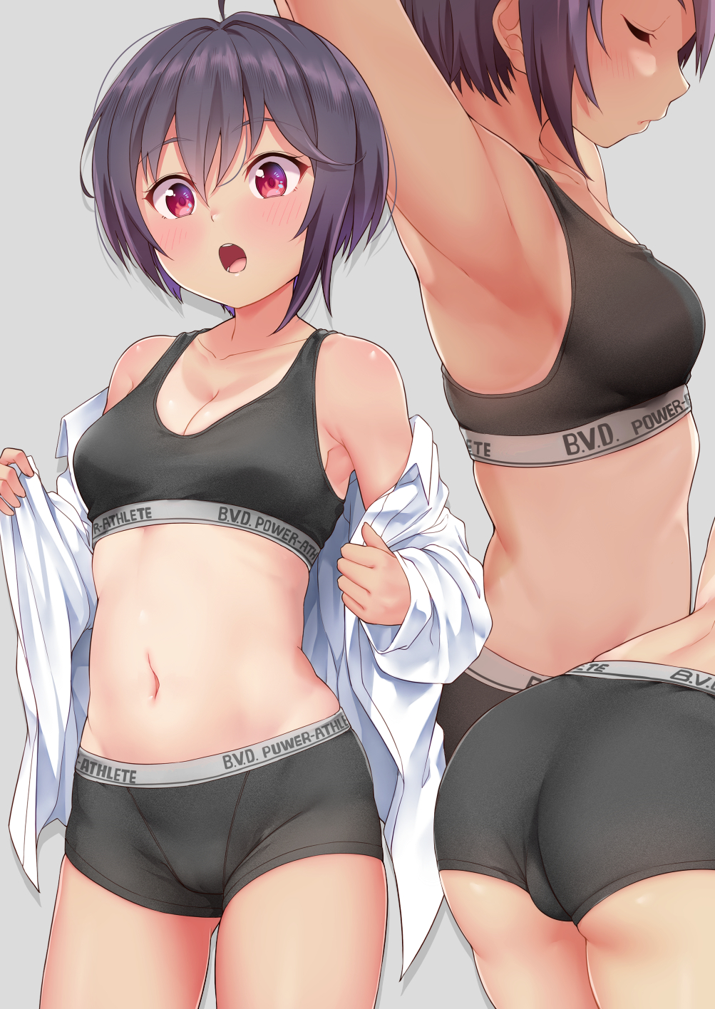 1girl ahoge armpits ass bangs black_hair blush breasts cleavage collarbone collared_shirt eyebrows_visible_through_hair grey_background hair_between_eyes highres kanabun long_sleeves medium_breasts multiple_views natsumi-chan_(kanabun) navel open_mouth original red_eyes shirt short_hair simple_background sports_bra sportswear undressing white_shirt