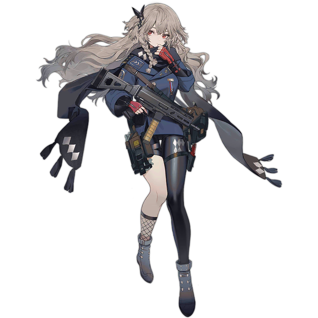 1girl asymmetrical_legwear black_footwear black_gloves black_legwear black_scarf blue_jacket bodysuit boots bow braid breasts closed_mouth elbow_gloves eyebrows_visible_through_hair fishnet_legwear fishnets floor full_body girls'_frontline gloves gun hair_bow hand_in_mouth holding holding_weapon holster jacket long_hair looking_at_viewer medium_breasts mole mole_under_eye official_art platinum_blonde_hair police police_uniform red_eyes red_gloves russian_flag scarf single_leg_pantyhose solo sp9_(girls'_frontline) standing submachine_gun transparent_background uniform weapon youamo