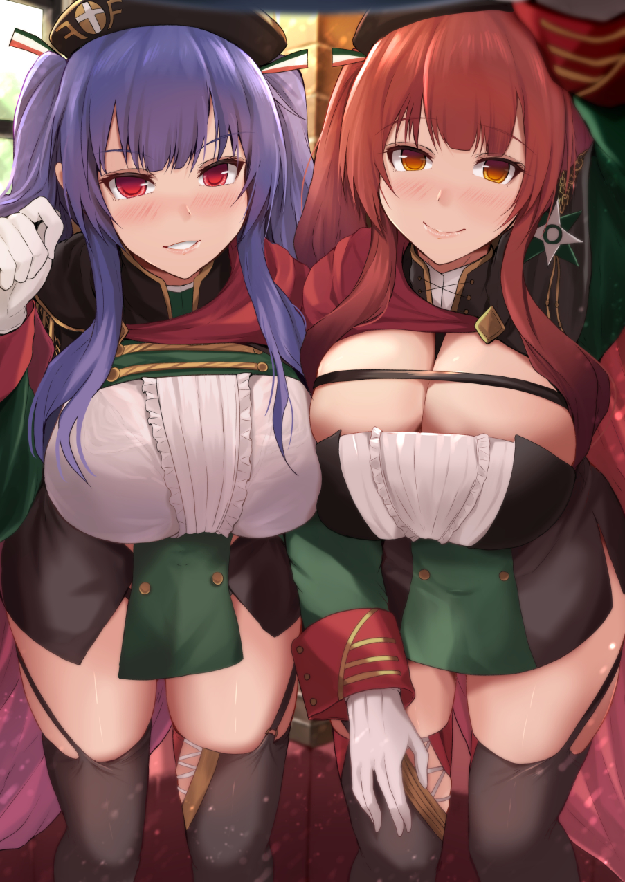2girls asymmetrical_docking asymmetrical_hair azur_lane beret black_dress black_headwear black_legwear black_panties breast_press breasts buttons cape center_frills cleavage double-breasted dress eyebrows_visible_through_hair framed_breasts frills gloves green_dress hat highres huge_breasts indoors kanzaki_kureha leaning_forward light_blush long_hair looking_at_viewer medal microdress multiple_girls orange_eyes panties pola_(azur_lane) pov purple_hair red_cape red_eyes red_hair siblings side_ponytail sisters skindentation smile standing taut_clothes taut_dress thighhighs twintails two-tone_dress underwear white_gloves window zara_(azur_lane)