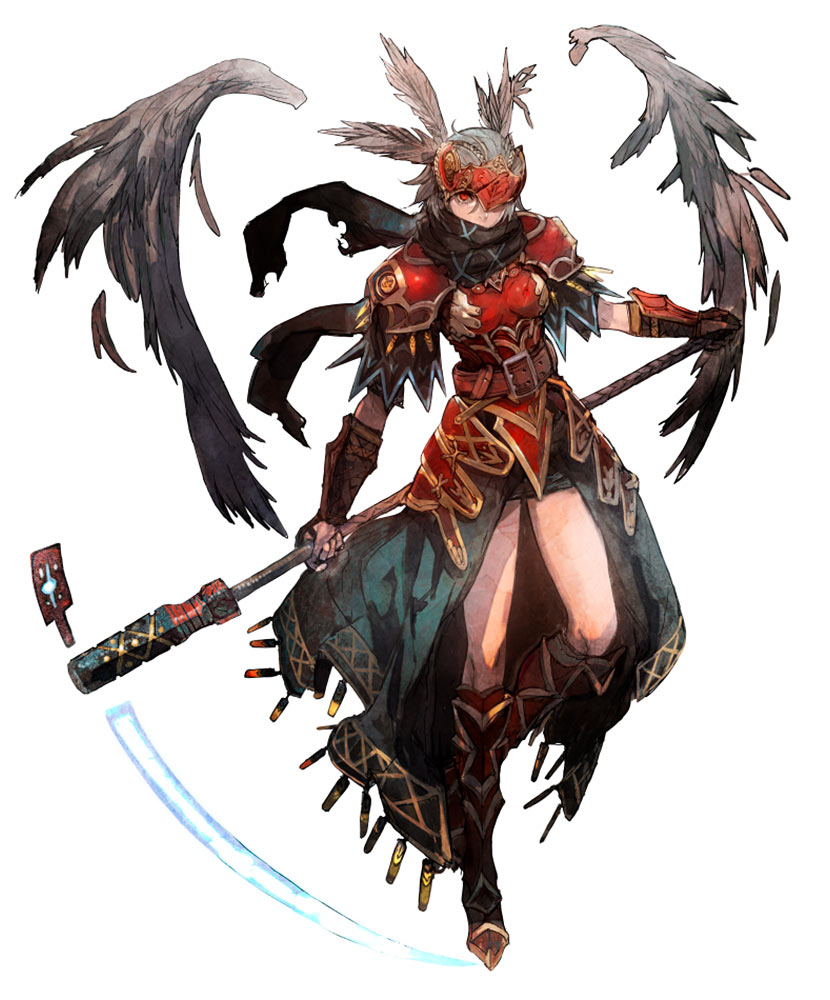 1girl armor armored_boots belt boots gold_trim holding holding_weapon legs looking_at_viewer official_art red_armor red_eyes scarf shakugan short_hair shoulder_armor third-party_source valkyrie valkyrie_profile valkyrie_profile_anatomia weapon white_hair