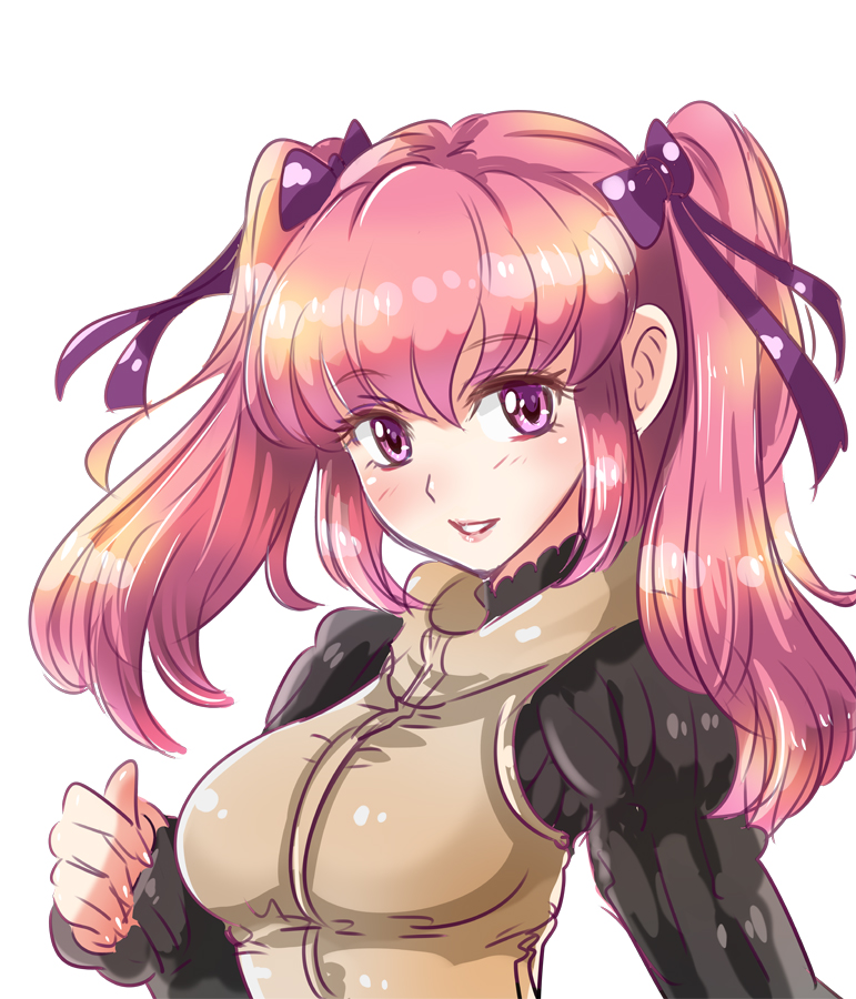 1041_(toshikazu) 1girl bangs black_sweater blush bow breasts brown_vest char's_deleted_affair clenched_hand eyebrows_visible_through_hair gundam hair_behind_ear hair_bow haman_karn medium_breasts parted_lips pink_hair portrait purple_bow purple_eyes smile solo sweater twintails vest white_background