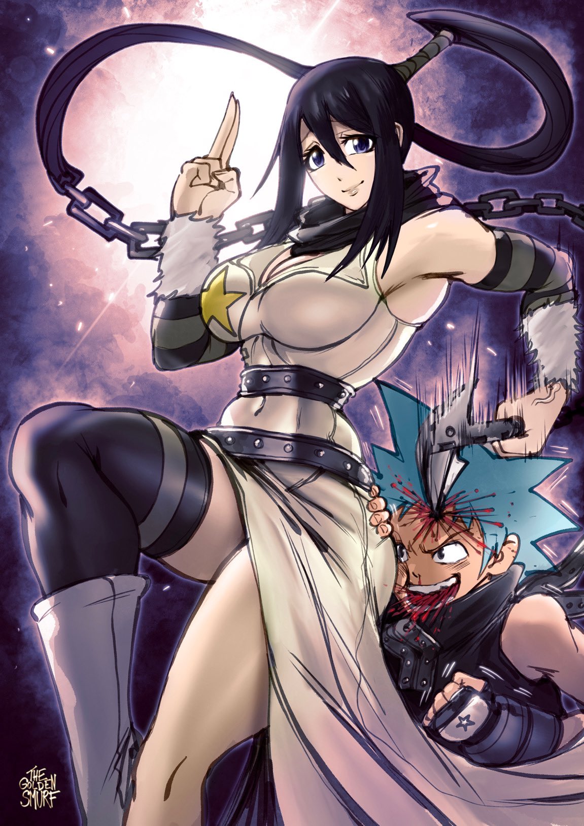 1boy 1girl anger_vein arm_warmers attack black_gloves black_hair black_star blood blood_from_mouth blue_eyes blue_hair breasts chain chain_weapon cleavage elbow_gloves fingerless_gloves fluff gloves highres holding holding_weapon kusarigama large_breasts nakatsukasa_tsubaki ninja pervert ponytail punishment sickle single_thighhigh smile soul_eater spiked_hair star_(symbol) striped the_golden_smurf thighhighs weapon