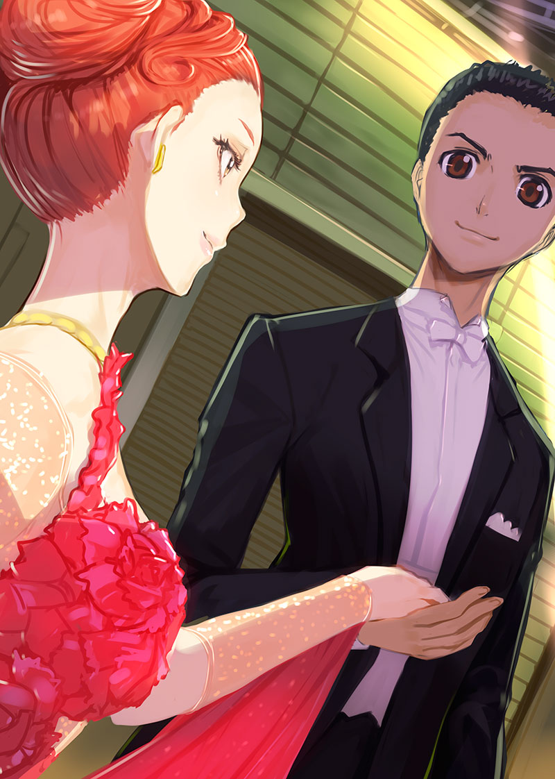 1boy 1girl ballroom_e_youkoso black_hair bow bowtie brown_eyes dancing dress earrings formal fujita_tatara hair_slicked_back hair_up hiyama_chinatsu jewelry looking_at_another mikazuki_akira! red_dress red_hair suit upper_body white_bow white_bowtie