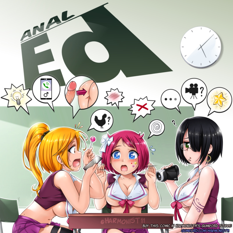 ... 3girls :o ? arrow_(projectile) artist_name ass bangs bird black_hair blonde_hair blue_eyes blush breasts camera chair chicken clock commentary english_commentary english_text hands_up harmonist11 holding holding_camera large_breasts light_bulb long_hair multiple_girls original outline penis phone ponytail profile red_hair reward_available short_hair sitting speech_bubble spoken_blush spoken_ellipsis star_(symbol) table watermark web_address white_outline