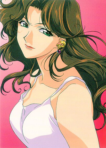 1990s_(style) 1girl aoi_futaba brown_hair collarbone earrings green_eyes jewelry lipstick long_hair looking_at_viewer makeup nakajima_atsuko official_art red_background red_lips retro_artstyle scan simple_background solo tank_top upper_body you're_under_arrest