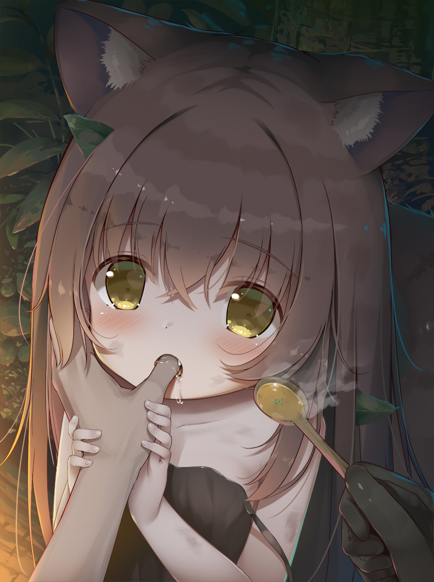 1boy 1girl animal_ears bangs black_dress blush brown_hair commentary_request dress eyebrows_visible_through_hair fangs finger_in_another's_mouth finger_in_mouth finger_sucking food fox_ears fox_girl green_eyes hair_between_eyes holding holding_spoon hungry leaf leaf_on_head long_hair looking_at_viewer open_mouth original outdoors pov pov_hands psyche3313 reward_available saliva sleeveless sleeveless_dress solo_focus spoon steam upper_body