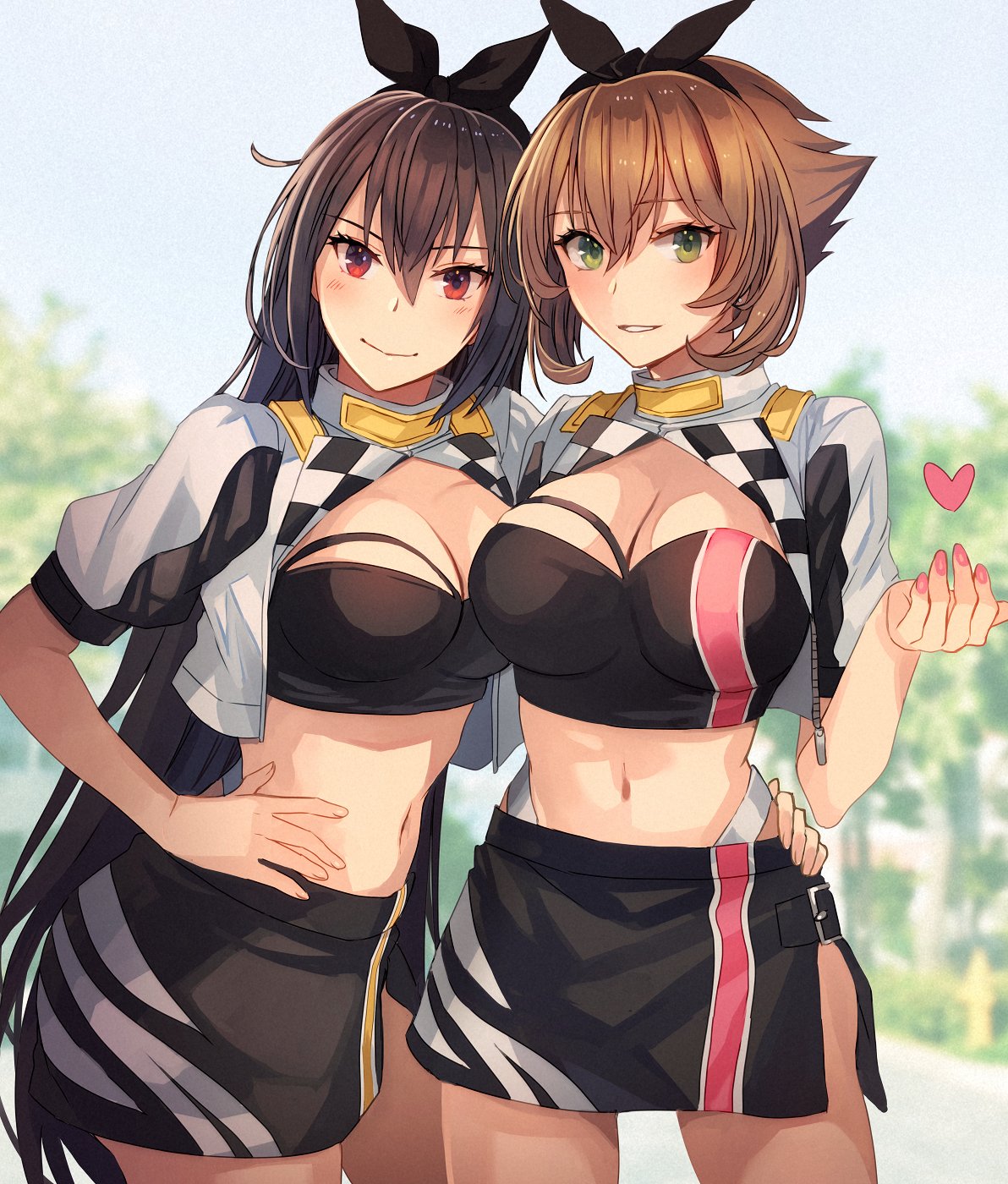 2girls alternate_costume bandeau black_bandeau black_hair blush breasts brown_hair cleavage closed_mouth cowboy_shot eyebrows_visible_through_hair fingernails green_eyes hair_between_eyes heart highres kantai_collection kasumi_(skchkko) large_breasts long_hair looking_at_viewer multiple_girls mutsu_(kancolle) nagato_(kancolle) navel open_mouth race_queen red_eyes short_hair smile