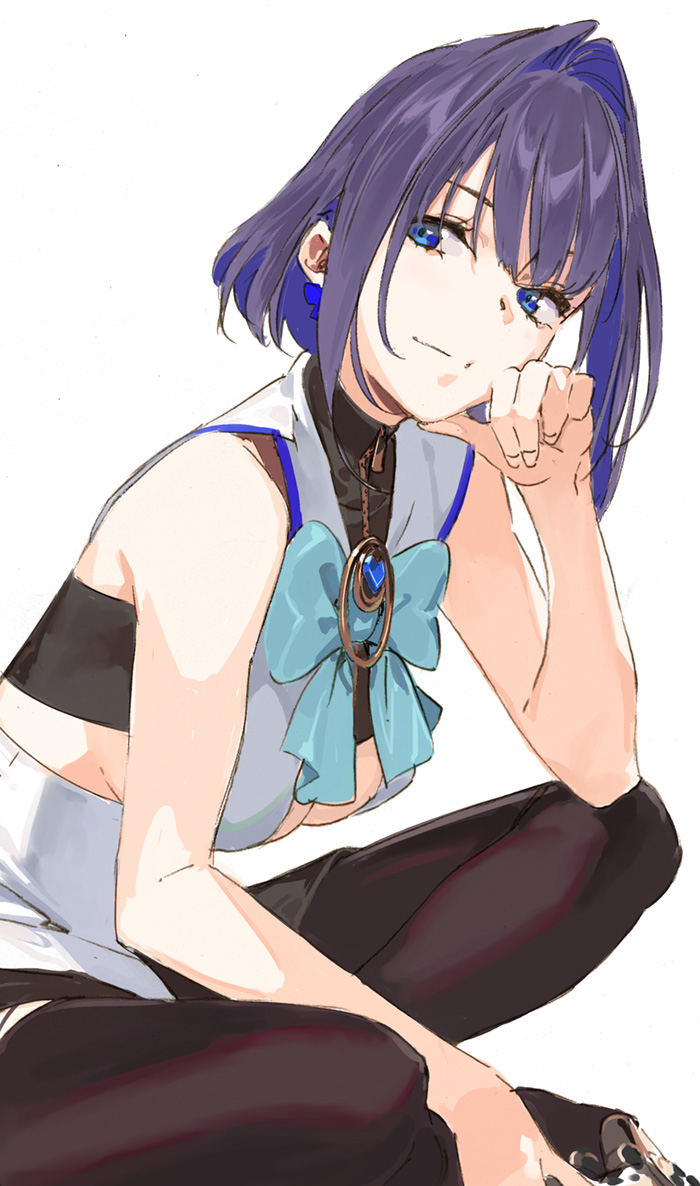 1girl black_legwear blue_bow blue_eyes blue_hair bow bow_earrings breasts center_opening cleavage closed_mouth crop_top earrings eyelashes feet_out_of_frame hair_intakes hand_on_own_chin head_chain head_rest heart-shaped_gem hololive hololive_english jewelry looking_at_viewer medium_breasts ouro_kronii pako pantyhose shirt short_hair simple_background smirk solo squatting underboob virtual_youtuber white_background white_shirt zipper