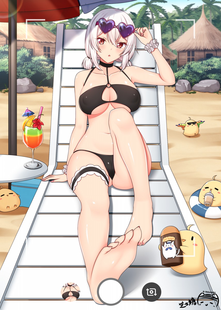 1girl :o adjusting_eyewear arm_at_side azur_lane barefoot beach beach_umbrella bikini bird black_bikini breasts bubble_tea bush cameltoe chair chick cleavage cocktail cocktail_umbrella commentary_request cooler covered_nipples cup deal_with_it disposable_cup dot_nose drinking_glass drinking_straw eyewear_on_head feet foreshortening full_body hair_between_eyes heart heart-shaped_eyewear highres hut innertube knee_up large_breasts leg_garter looking_at_viewer lotion lotion_bottle lounge_chair low_twintails manjuu_(azur_lane) medium_hair navel official_alternate_costume outdoors palm_tree parted_lips phone_screen pink_nails ppshex purple-tinted_eyewear reclining red_eyes revision rock scrunchie short_hair signature silver_hair sirius_(azur_lane) sirius_(scorching-hot_seirios)_(azur_lane) soles solo sunglasses swimsuit table tinted_eyewear toenails toes tree twintails umbrella viewfinder water_gun white_hair wine_glass wrist_scrunchie