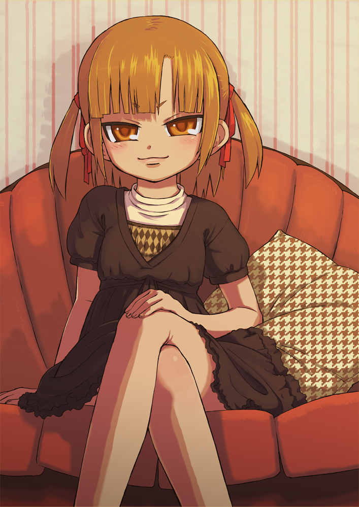 1girl :3 blush brown_dress brown_eyes brown_hair child closed_mouth couch crossed_legs dress hair_ribbon hand_on_lap looking_at_viewer marui_mitsuba mitsudomoe pillow puffy_short_sleeves puffy_sleeves red_ribbon ribbon sabaku_chitai short_sleeves smile smug solo twintails