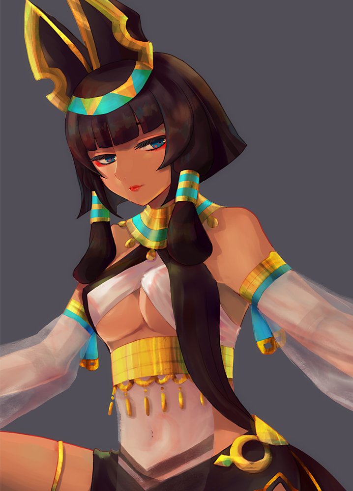 1girl bangs bare_shoulders black_hair blue_eyes breasts closed_mouth covered_navel dragalia_lost egyptian_clothes jewelry medium_breasts medium_hair nefaria piroropepon solo underboob