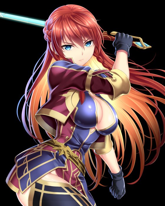 1girl bangs black_background black_gloves black_legwear blonde_hair blue_eyes braid breasts buttons cleavage closed_mouth commentary_request cropped_jacket dress eyebrows_visible_through_hair french_braid gloves hair_between_eyes holding holding_sword holding_weapon jacket kase_daiki large_breasts lips long_hair looking_at_viewer multicolored_hair official_art open_clothes open_jacket orange_hair re:creators selesia_upitiria short_dress side_braid simple_background sleeves_rolled_up solo sword thighs two-tone_hair weapon