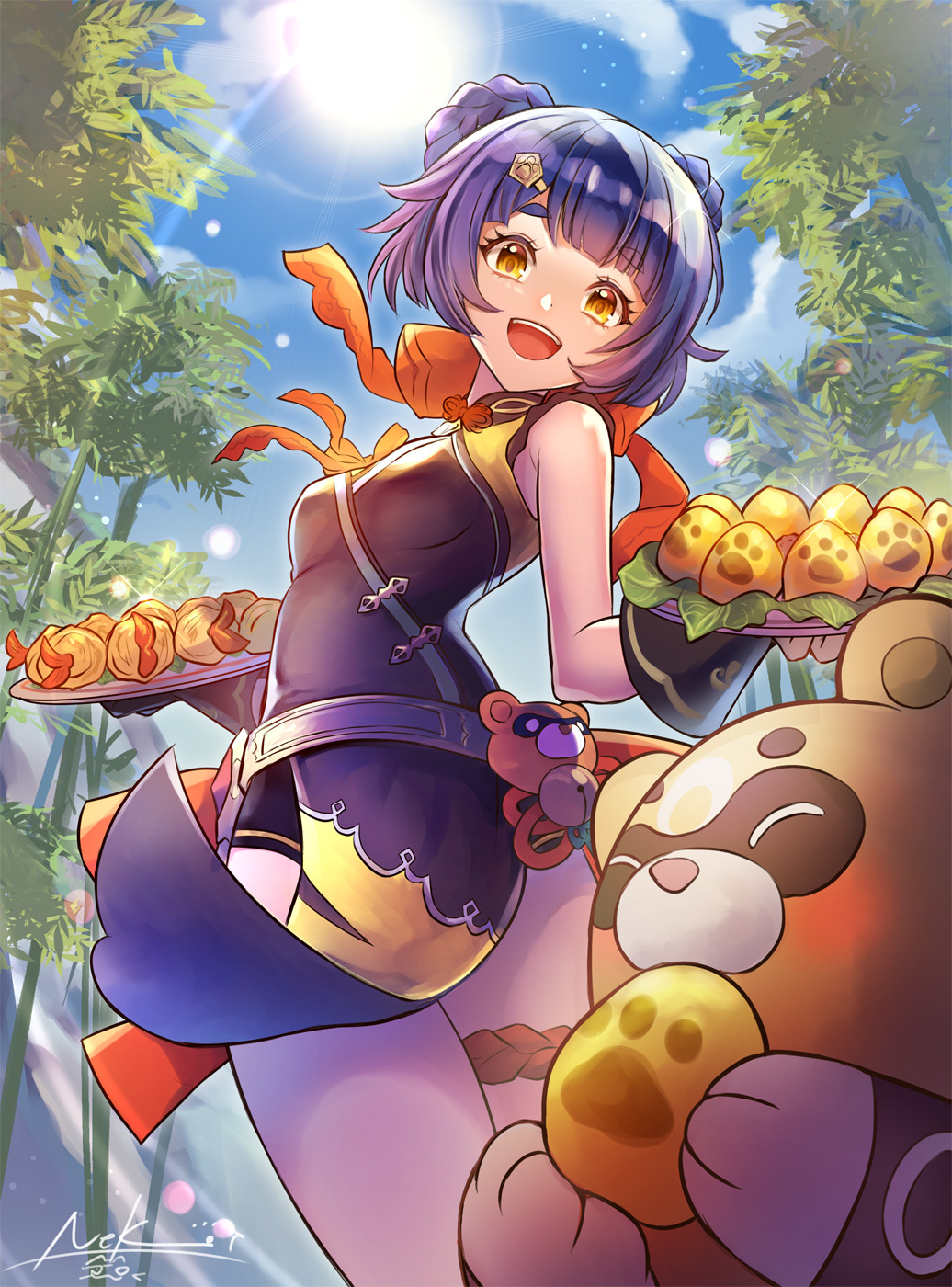 1girl :d bamboo bare_shoulders blue_sky bow breasts china_dress chinese_clothes closed_eyes dark_blue_hair dress eating food genshin_impact gloves guoba_(genshin_impact) hair_bow hair_ornament hairclip highres looking_at_viewer nekobayashi open_mouth panda paw_print plate short_hair shrimp sky small_breasts smile solo sunlight xiangling_(genshin_impact) yellow_eyes