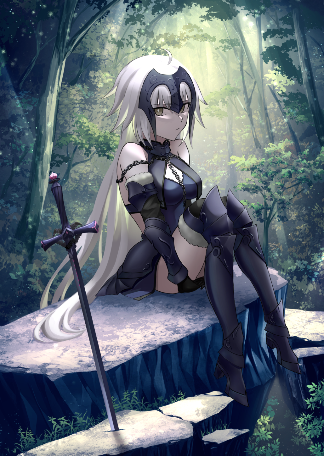 1girl armor armored_boots armored_dress bangs bare_shoulders boots breasts chain collar fate/grand_order fate_(series) faulds forest gauntlets headpiece highres jeanne_d'arc_(alter)_(fate) jeanne_d'arc_(fate) kaze_minoru_so-ru large_breasts long_hair looking_at_viewer metal_collar nature plackart rock silver_hair sitting solo sword tree very_long_hair weapon yellow_eyes