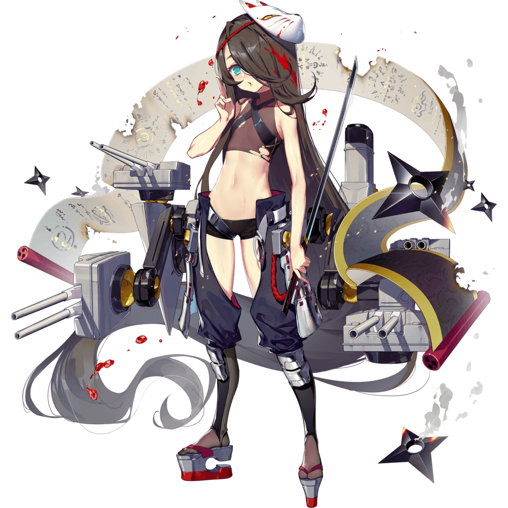 1girl absurdly_long_hair armor black_hair black_shorts black_surge_night blood blood_in_hair blue_eyes burnt chaps flat_chest fox_mask full_body holding holding_sword holding_weapon japanese_clothes long_hair luode_huayuan mask mask_on_head midriff navel official_art oyashio_(black_surge_night) parted_lips rigging scroll short_shorts shorts shuriken smoke solo sword tabi torn_clothes transparent_background very_long_hair weapon