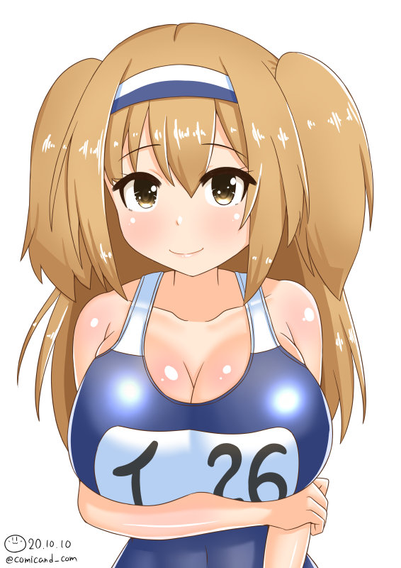 1girl blue_swimsuit breast_rest breasts brown_eyes cleavage covered_navel cowboy_shot dated eyebrows_visible_through_hair hair_between_eyes hairband i-26_(kancolle) kantai_collection large_pectorals light_brown_eyes light_brown_hair lips long_hair looking_at_viewer name_tag new_school_swimsuit one-piece_swimsuit pectorals school_swimsuit shiromaru_(maniado) signature solo swimsuit two-tone_hairband two_side_up