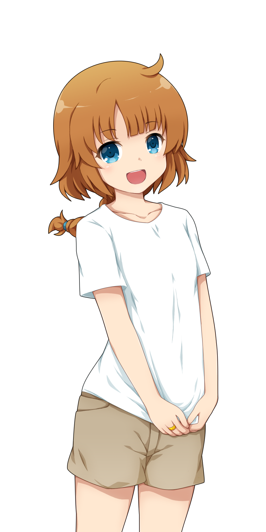 1girl :d ahoge assault_lily bangs blue_eyes blunt_bangs braid braided_ponytail brown_shorts collarbone commentary_request eyebrows_visible_through_hair fukaiton futagawa_fumi highres jewelry long_hair looking_at_viewer open_mouth orange_hair pocket ring shirt short_sleeves shorts simple_background single_braid smile solo standing t-shirt transparent_background v_arms white_shirt