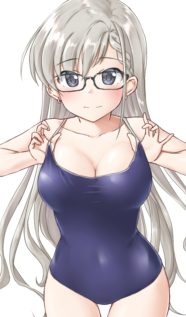 1girl adjusting_clothes adjusting_swimsuit aimobake bangs black-framed_eyewear blue_eyes blue_swimsuit braid breasts cleavage closed_mouth covered_navel cowboy_shot earrings eyebrows_visible_through_hair glasses grey_hair hisakawa_hayate idolmaster idolmaster_cinderella_girls jewelry large_breasts long_hair looking_at_viewer one-piece_swimsuit school_swimsuit simple_background smile solo standing swimsuit white_background