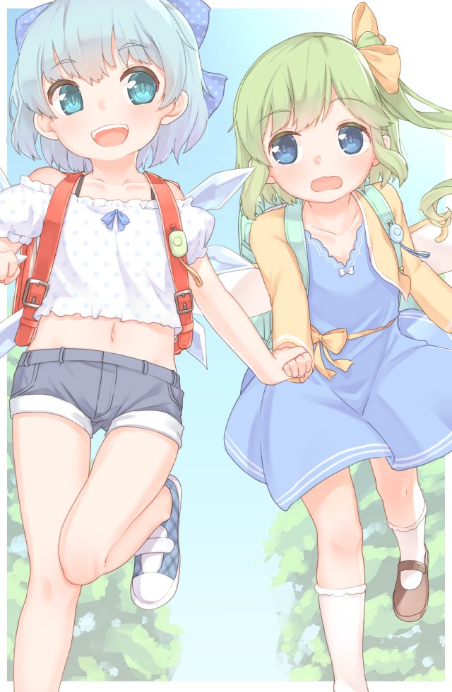 2girls :d adapted_costume alternate_costume bangs bare_shoulders blue_dress blue_eyes blue_hair blush bobby_socks border bow cirno collarbone commentary_request commission d: daiyousei day dress eyebrows_visible_through_hair fairy_wings flat_chest foot_out_of_frame green_hair hair_bow holding_hands ice ice_wings looking_at_another mary_janes midriff multiple_girls navel off-shoulder_shirt off_shoulder one_side_up outdoors outside_border plaid polka_dot polka_dot_bow puffy_short_sleeves puffy_sleeves running sakurea shirt shoes short_hair short_sleeves skeb_commission smile socks touhou white_border white_legwear wings yellow_bow