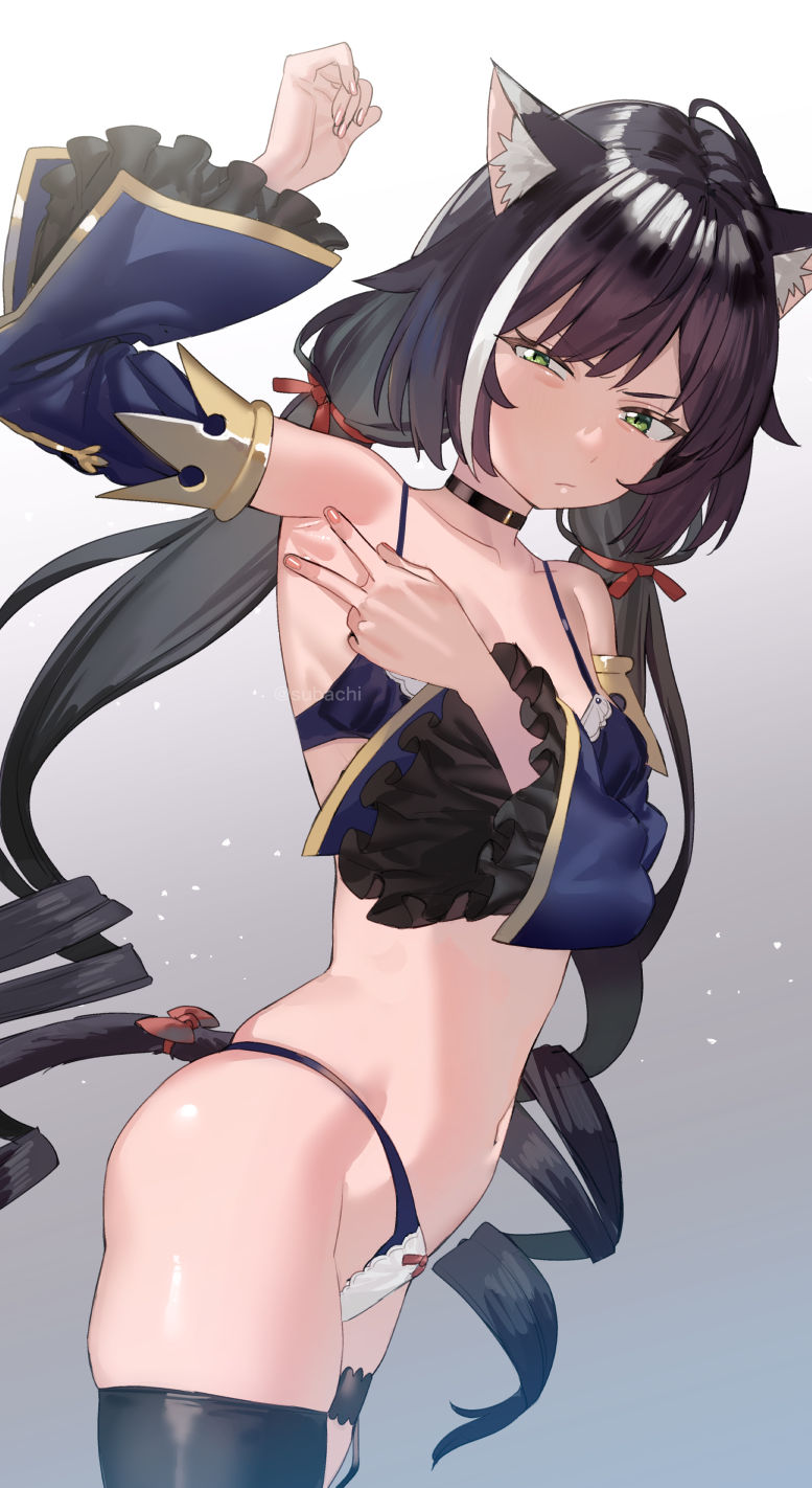 1girl animal_ear_fluff animal_ears arm_up armpits bare_shoulders black_hair black_legwear bow bow_panties bra breasts cat_ears cat_girl cat_tail choker cowboy_shot detached_sleeves frilled_sleeves frills frown gradient gradient_background green_eyes highres karyl_(princess_connect!) long_hair low_twintails multicolored_hair navel panties presenting_armpit princess_connect! skindentation small_breasts solo spread_armpit streaked_hair subachi tail tail_bow tail_ornament thigh_strap thighhighs twintails two-tone_hair underwear white_hair