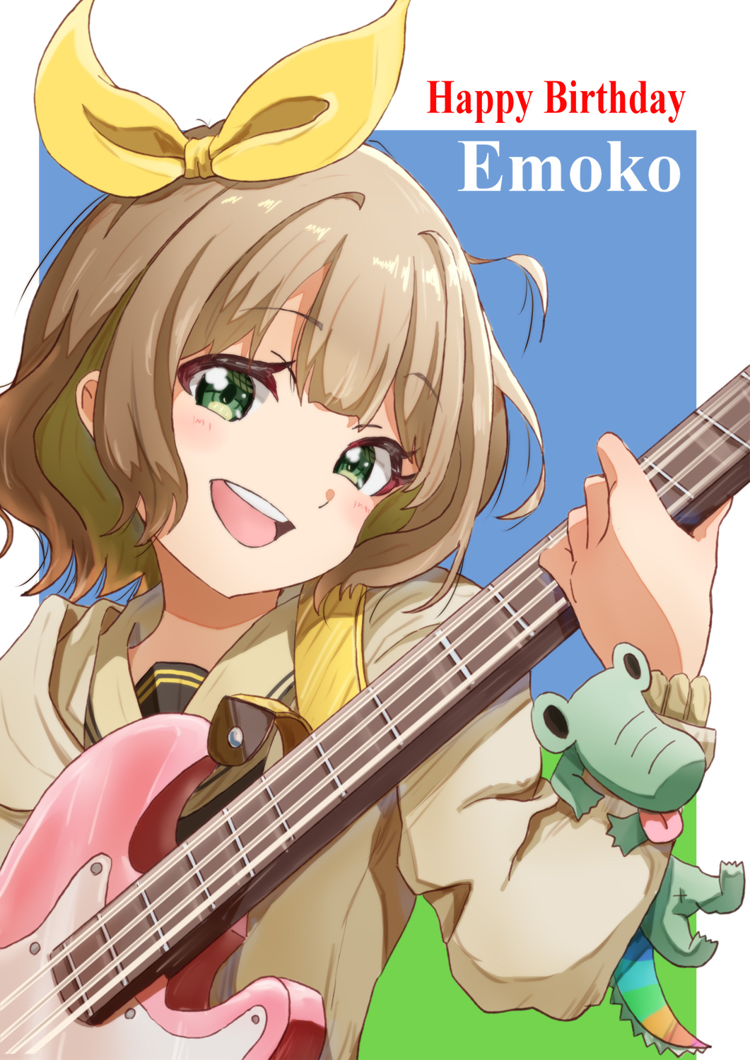 1girl amaru_keiichi bass_guitar blush brown_hair eyebrows_visible_through_hair green_eyes hair_ornament hair_ribbon hairband happy_birthday highres instrument looking_at_viewer open_mouth purple_hair ribbon short_hair simple_background smile tokyo_7th_sisters wanibuchi_emoko