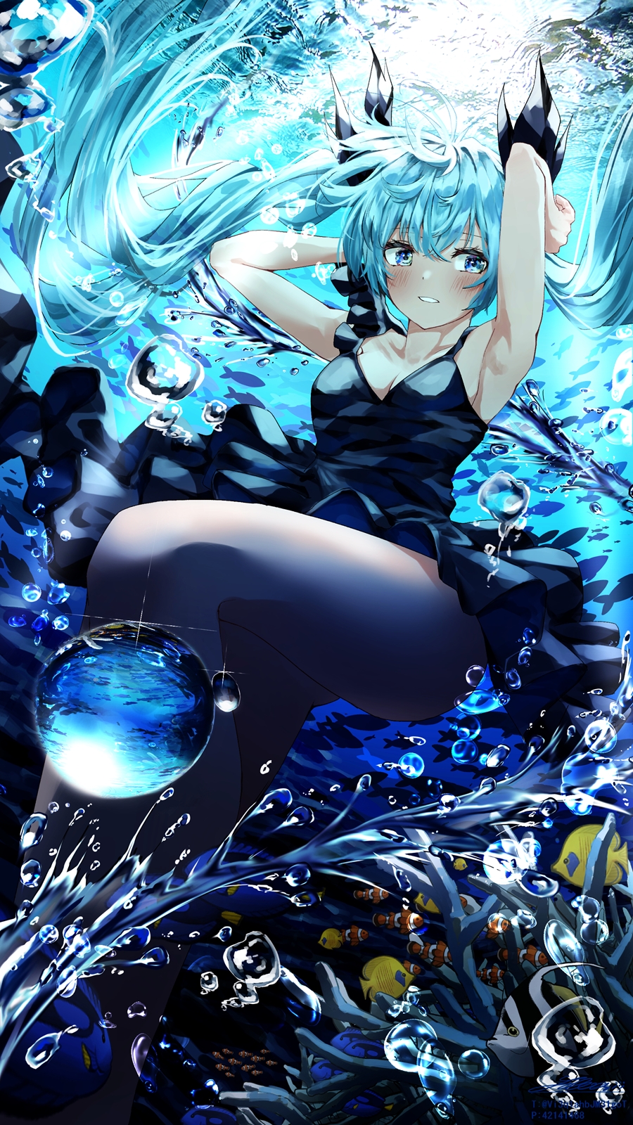 1girl air_bubble aqua_hair armpits arms_behind_head arms_up black_bow black_dress black_legwear bow bubble butterflyfish clownfish commentary dress fish floating_hair hair_bow hatsune_miku highres long_hair looking_to_the_side moorish_idol parted_lips reflection regal_blue_tang shinkai_shoujo_(vocaloid) shirubaa solo sunlight thick_thighs thighs tropical_fish twintails underwater very_long_hair vocaloid water_drop