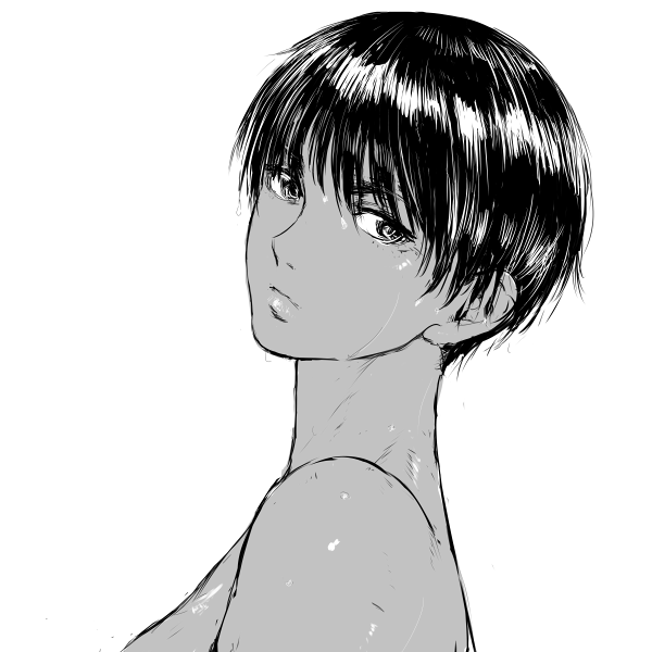 1girl berserk casca_(berserk) closed_mouth completely_nude from_side greyscale looking_at_viewer looking_to_the_side monochrome nude short_hair shu-mai simple_background solo white_background