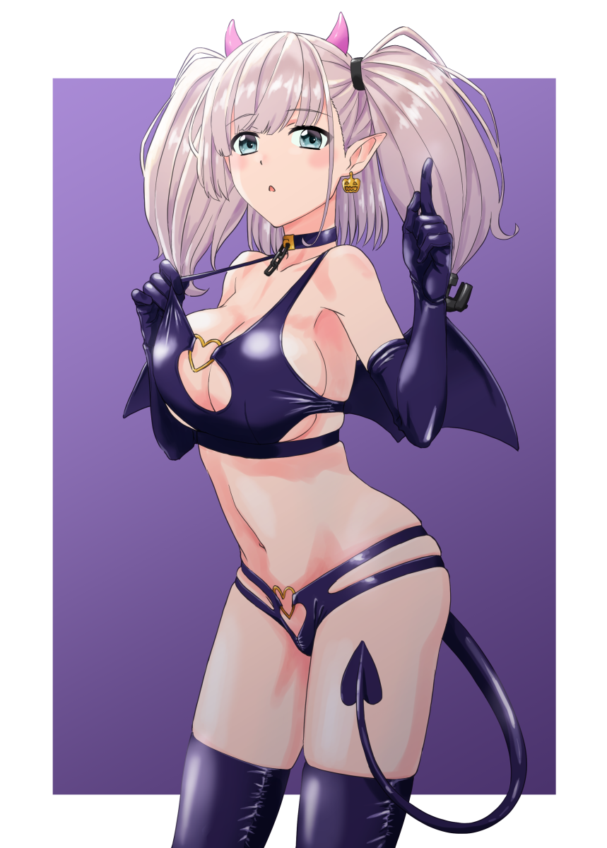1girl adjusting_clothes adjusting_swimsuit atlanta_(kancolle) bangs bikini black_bikini black_choker black_gloves black_legwear black_wings blue_eyes blush breasts choker cleavage cleavage_cutout clothing_cutout commentary cowboy_shot crotch_cutout demon_horns demon_tail demon_wings earrings elbow_gloves english_commentary eyebrows_visible_through_hair gloves hair_tie halloween halloween_costume highres horns index_finger_raised jack-o'-lantern jack-o'-lantern_earrings jewelry kantai_collection large_breasts looking_at_viewer medium_hair mikan_29344886 mixed-language_commentary multi-strapped_bikini navel o-ring o-ring_bikini open_mouth outside_border pointy_ears purple_background purple_horns silver_hair skindentation solo standing swimsuit tail thighhighs twintails wings