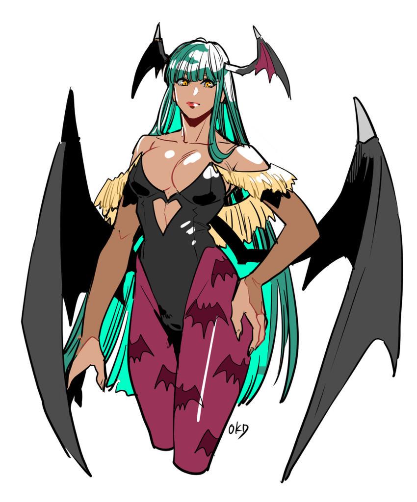 1girl animal_print bat_print bat_wings breasts bridal_gauntlets closed_mouth demon_girl elbow_gloves gloves green_hair head_wings leotard long_hair looking_at_viewer morrigan_aensland okada_(hoooojicha) pantyhose print_legwear simple_background solo vampire_(game) white_background wings