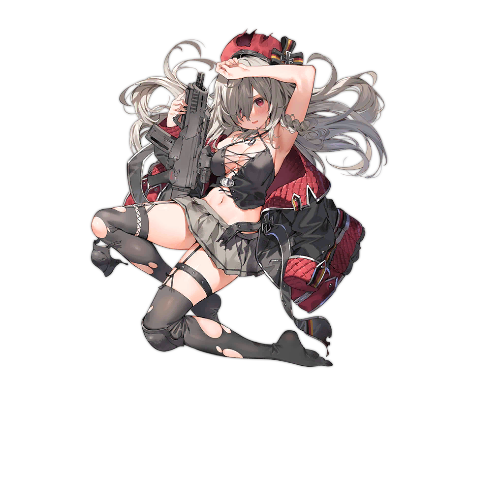 1girl armpits assault_rifle banned_artist belt beret black_belt black_legwear black_shirt black_tank_top blush braid breasts cleavage cross dog_tags eyebrows_visible_through_hair floor full_body g36c_(girls'_frontline) garter_straps german_flag girls'_frontline grey_hair grey_skirt gun h&amp;k_g36 hair_ornament hair_ribbon hand_on_head hat holding holding_gun holding_weapon iron_cross jacket jacket_pull knee_pads long_hair looking_at_viewer medium_breasts mod3_(girls'_frontline) multicolored_clothes multicolored_jacket nail_polish navel no_shoes official_art open_mouth parsley-f pink_nails red_eyes red_headwear ribbon rifle shirt silver_hair sitting skirt solo submachine_gun tank_top thighhighs thighs torn_belt torn_clothes torn_legwear transparent_background weapon x_hair_ornament
