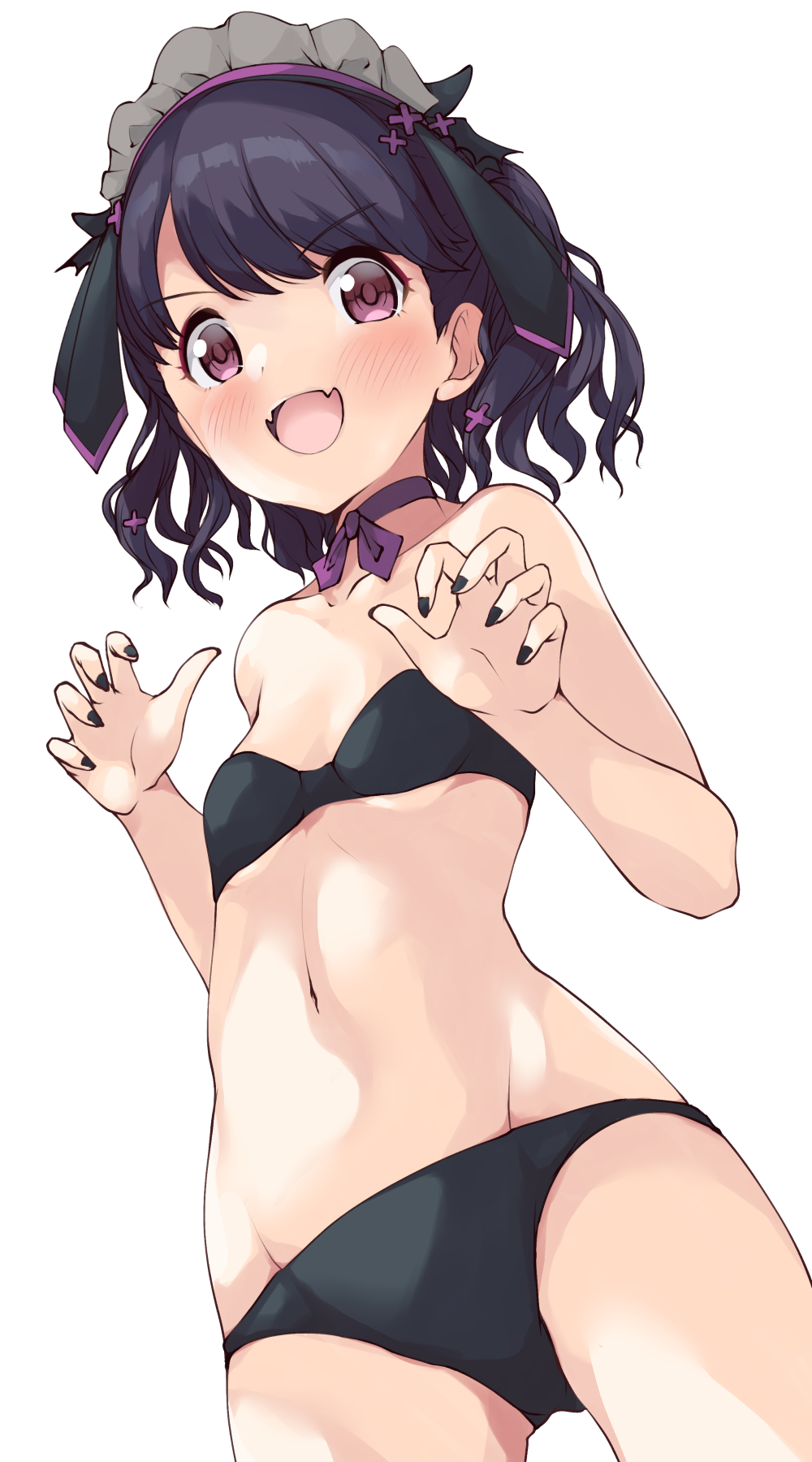 1girl :d ass_visible_through_thighs bangs bare_arms bare_shoulders bikini black_bikini black_gloves black_hair blush breasts choker claw_pose collarbone commentary_request eyebrows_visible_through_hair fangs fukumaru_koito gloves groin halloween hands_up highres idolmaster idolmaster_shiny_colors kuroba_aki looking_at_viewer maid_headdress navel purple_choker simple_background small_breasts smile solo standing strapless strapless_bikini swimsuit v-shaped_eyebrows white_background