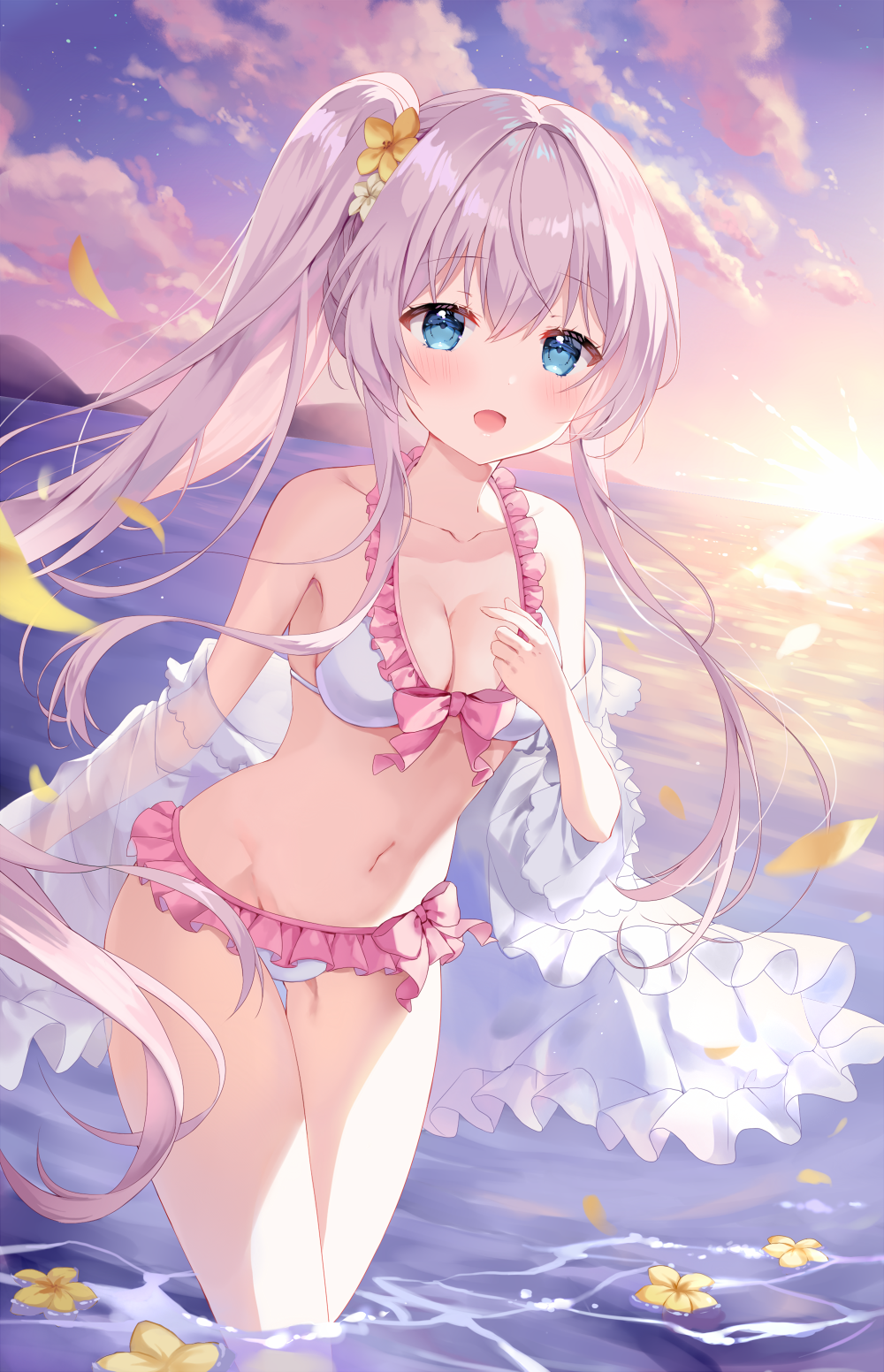 1girl :d bangs bare_legs bikini blue_eyes blush breasts celia_claire cleavage cloud coat collarbone commentary_request day evening eyebrows_visible_through_hair flower frilled_bikini frills hair_between_eyes hair_ornament highres long_hair looking_at_viewer mayo_(miyusa) medium_breasts mountainous_horizon navel ocean open_mouth outdoors petals ponytail seirei_gensouki silver_hair sky smile sunset swimsuit wading white_bikini white_coat