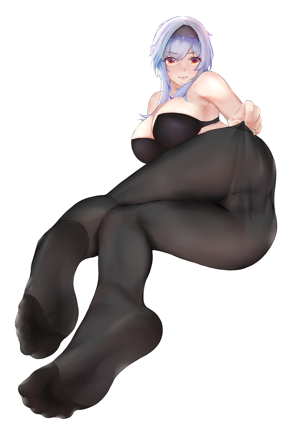 1girl black_bra black_legwear black_panties blush bra breasts chinese_commentary cleavage closed_mouth eula_(genshin_impact) eyebrows_visible_through_hair eyelashes eyes_visible_through_hair feet full_body genshin_impact hair_between_eyes hairband highres large_breasts light_blue_hair lips looking_at_viewer lying medium_hair on_side panties pantyhose pantyhose_tug red_eyes sidelocks simple_background smile soles solo thighs underwear underwear_only wd_(1106592840) white_background