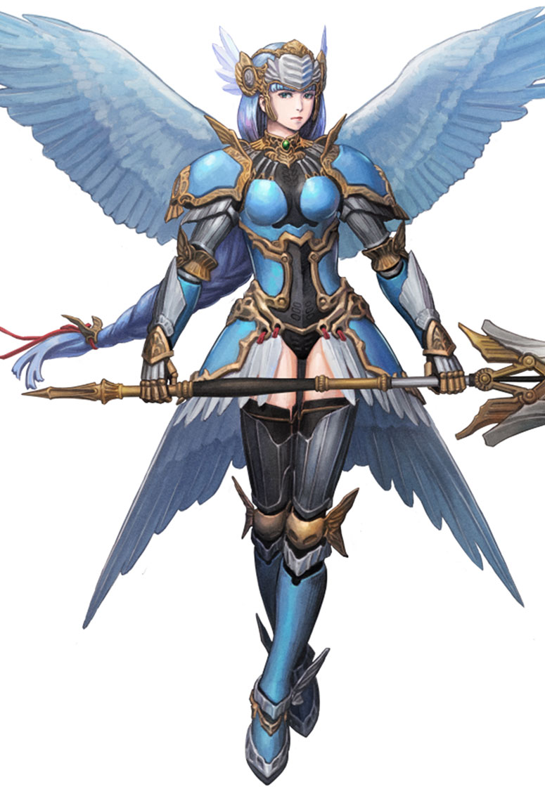 1girl angel_wings armor armored_boots boots braid feathers full_body helmet lenneth_valkyrie low-braided_long_hair official_art shoulder_armor silver_hair simple_background solo thighhighs third-party_source valkyrie valkyrie_profile valkyrie_profile_anatomia weapon white_background winged_helmet wings