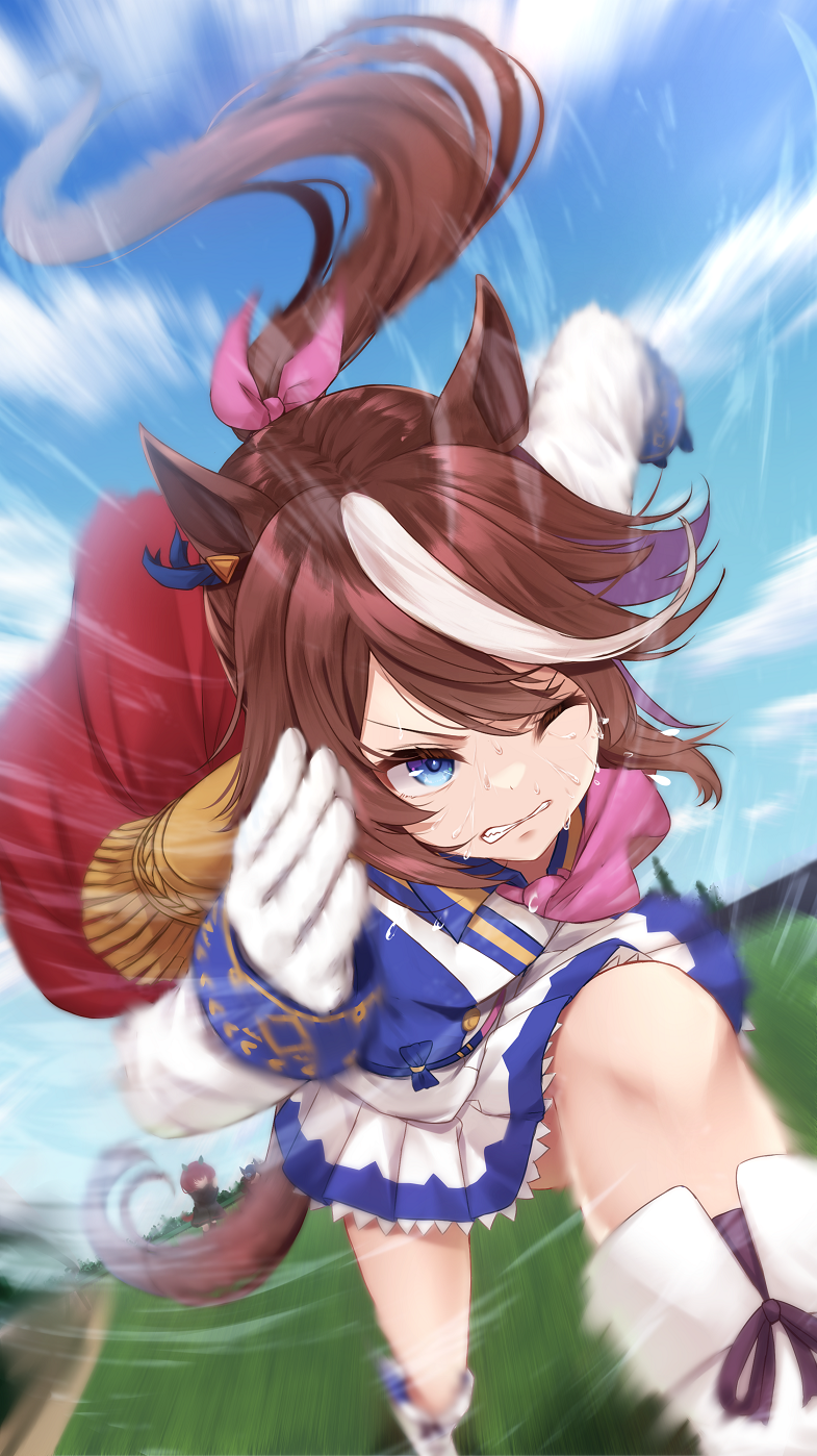 1girl animal_ears ascot asymmetrical_gloves black_gloves blue_eyes blue_jacket blue_skirt boots brown_hair buttons cape clenched_teeth dashing double-breasted epaulettes gloves grimace hair_flaps hair_ribbon highres horse_ears horse_girl horse_tail jacket knee_boots long_hair long_sleeves merxkialis miniskirt mismatched_gloves multicolored_clothes multicolored_hair multicolored_jacket one_eye_closed pink_ascot pink_ribbon pleated_skirt ponytail red_cape ribbon running single_epaulette skirt solo_focus streaked_hair sweat tail teeth tokai_teio_(umamusume) two-tone_hair two-tone_jacket two-tone_skirt umamusume white_gloves white_hair white_jacket white_skirt