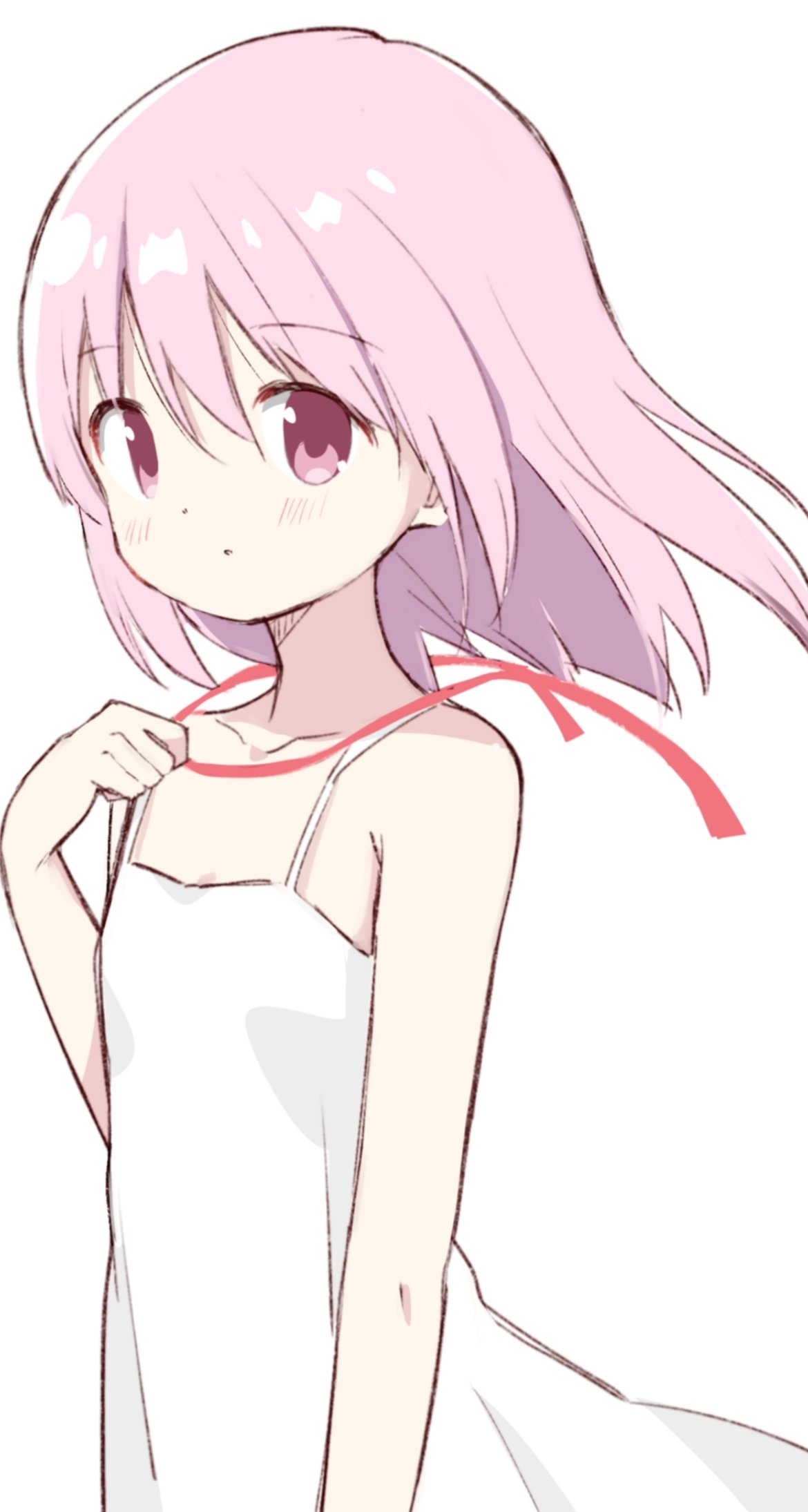 1girl arm_at_side armpit_crease bare_arms collarbone commentary_request dot_nose dress expressionless eyebrows_visible_through_hair flat_chest floating_hair hair_between_eyes hair_down hand_up highres holding_hair_ornament kaname_madoka light_blush looking_at_viewer mahou_shoujo_madoka_magica medium_hair parted_lips pink_eyes pink_hair red_ribbon ribbon shiny shiny_hair sideways_glance simple_background sleeveless sleeveless_dress solo spaghetti_strap tareme tsubaki_(tatajd) white_background white_dress