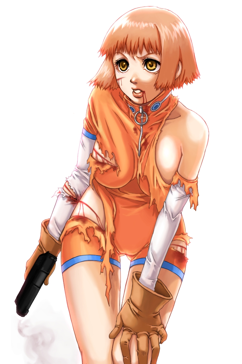 1girl ass_visible_through_thighs bad_proportions bleeding blood breasts brown_eyes brown_gloves cuts gloves gun handgun highres holding holding_gun holding_weapon injury leotard medium_breasts mezzo_forte orange_hair orange_leotard parted_lips saitou_nekoichi short_hair simple_background smoke solo suzuki_mikura torn_clothes weapon white_background