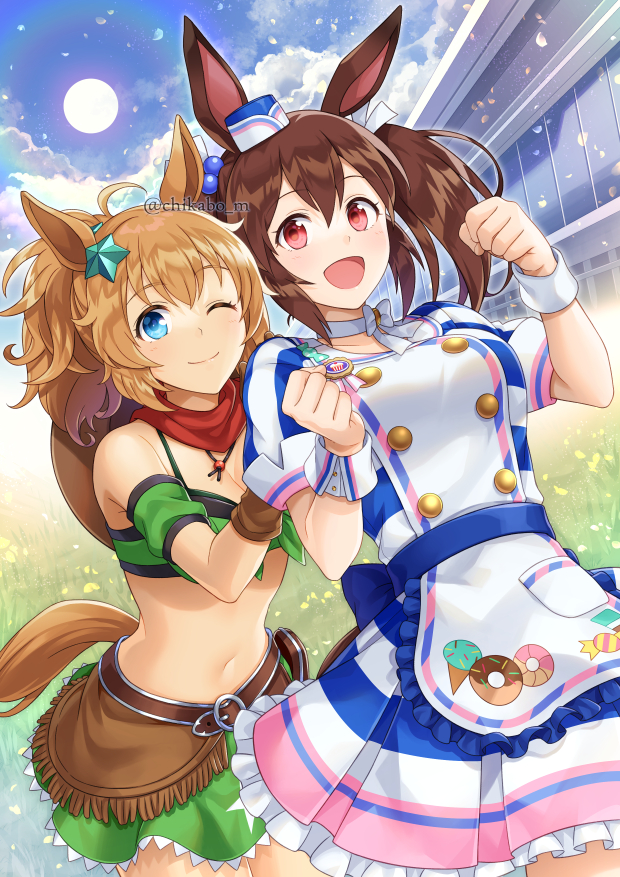 2girls :d ;) animal_ears apron bangs bare_shoulders blue_eyes blue_sky breasts brown_gloves brown_hair chikabo_m choker cleavage clenched_hands cloud collarbone commentary cowboy_hat cowboy_shot day detached_sleeves dress eyebrows_visible_through_hair food_print frilled_apron frilled_dress frills gloves green_shirt green_sleeves gun hair_between_eyes hair_ornament hair_ribbon hand_on_another's_shoulder hands_up hat hat_on_back hishi_akebono_(umamusume) holster holstered_weapon horse_ears horse_girl horse_tail large_breasts leaning_forward lens_flare long_hair looking_at_viewer midriff mini_hat multicolored_clothes multicolored_dress multiple_girls navel one_eye_closed open_mouth ponytail red_eyes red_scarf ribbon scarf sheriff_badge shirt short_sleeves sidelocks skirt sky smile standing star_(symbol) star_hair_ornament striped striped_dress sun taiki_shuttle_(umamusume) tail tied_shirt twintails twitter_username umamusume watermark weapon white_apron white_choker white_ribbon wrist_cuffs