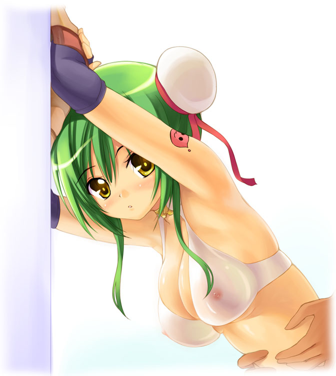 against_wall akamaru armpits arms_up bra breasts bun_cover cleavage covered_nipples double_bun green_hair hairpods leaning_forward lingerie medium_breasts poring ragnarok_online see-through solo tattoo torso_grab underwear yellow_eyes