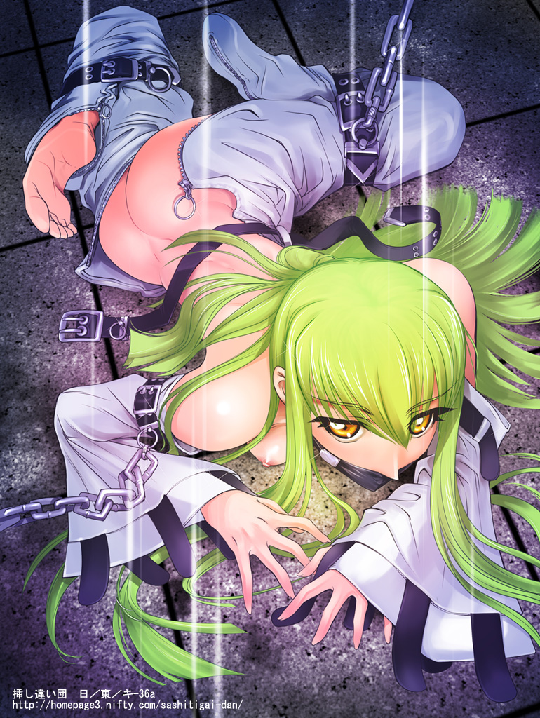 ass breasts c.c. chain code_geass gag gagged green_hair kusano_kouichi long_hair long_sleeves lying medium_breasts nipples on_floor open_clothes solo straitjacket strap undressing yellow_eyes zipper