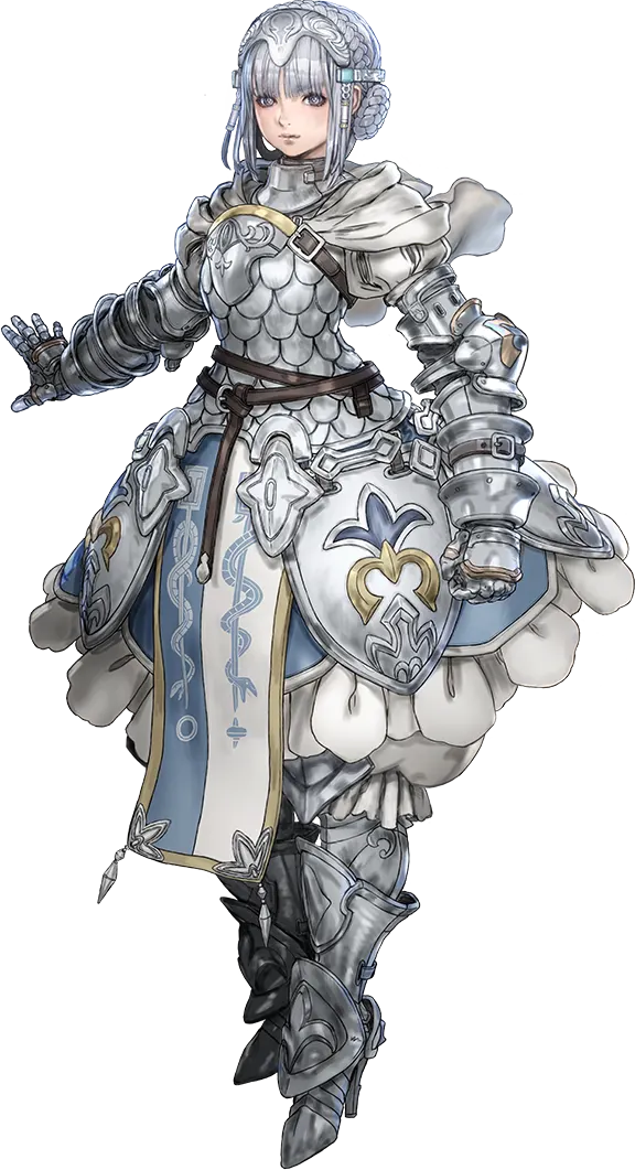 1girl armor armored_boots armored_dress boots braid breastplate capelet closed_mouth crown_braid fleur_de_lis french_braid full_body gauntlets headpiece knee_boots laeticia_(star_ocean) looking_at_viewer official_art short_hair solo standing star_ocean star_ocean_the_divine_force tabard tachi-e transparent_background white_capelet white_eyes white_hair yasuda_akira