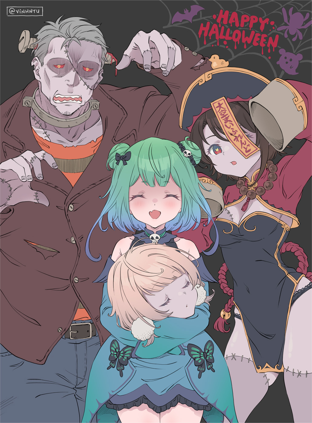 1boy 3girls arm_up bandages black_panties blonde_hair breasts brown_hair butterfly-shaped_pupils chinese_clothes cleavage colored_skin commentary_request double_bun dress fang green_hair hair_ornament halloween hat hat_ornament highres hololive indie_virtual_youtuber jiangshi lace-trimmed_panties lace_trim long_sleeves looking_at_viewer maimoto_keisuke medium_breasts multiple_girls nijisanji ofuda oozora_subaru open_mouth panties patchwork_skin pom_pom_(clothes) pom_pom_hair_ornament red_eyes severed_head shaded_face shigure_ui_(vtuber) short_hair simple_background skin_fang skull-shaped_pupils smile standing stitches symbol-shaped_pupils twitter_username underwear uruha_rushia vinhnyu virtual_youtuber zombie