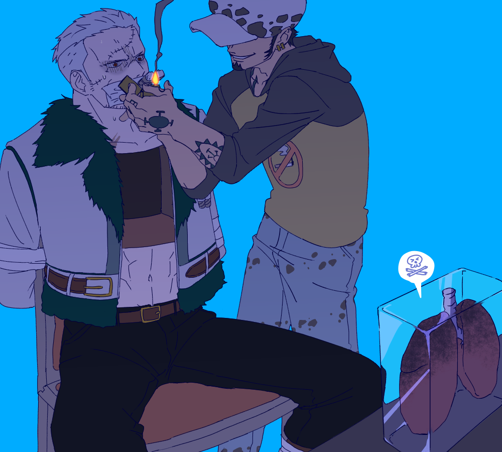 2boys cigar grin hat hole_in_chest hole_on_body hood hoodie lighter lungs male_focus multiple_boys no_smoking obobkkp one_piece open_clothes open_shirt restrained skull smile smoke smoker_(one_piece) trafalgar_law white_hair