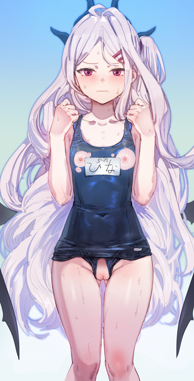 1girl black_swimsuit blue_archive blush bow_(bhp) cameltoe closed_mouth collarbone covered_navel crotchless crotchless_swimsuit feet_out_of_frame flat_chest gradient gradient_background highres hina_(blue_archive) horns long_hair looking_at_viewer nippleless_clothes nipples one-piece_swimsuit purple_eyes pussy school_swimsuit solo standing swimsuit uncensored very_long_hair wet white_hair